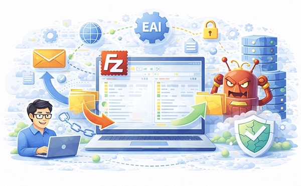 Diagram showing FileZilla connecting to a server via IP address to avoid DNS errors
