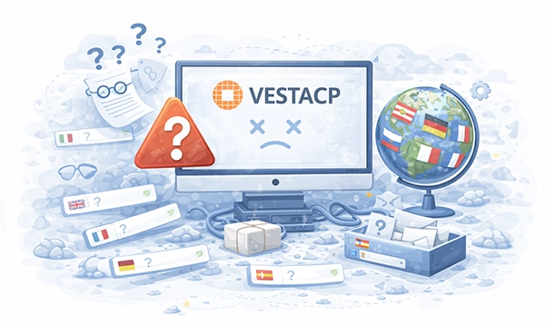 VestaCP control panel showing no language defined error